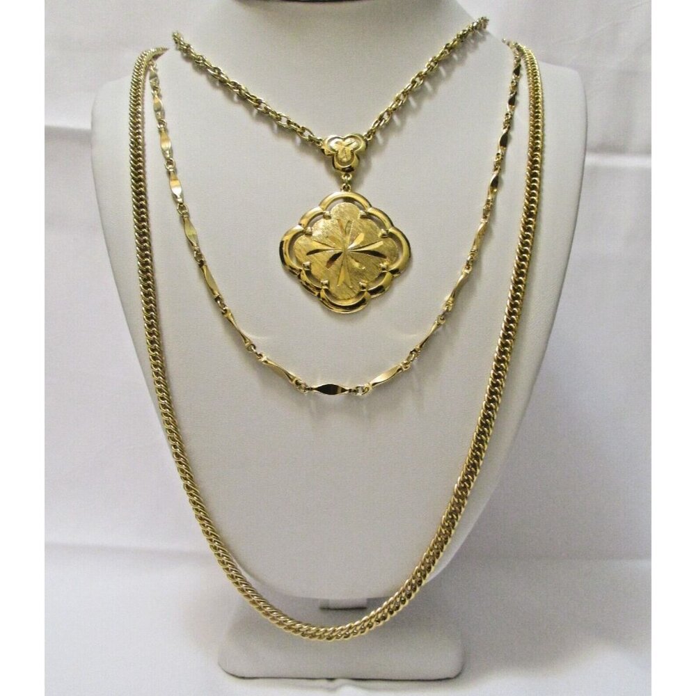 Symbolic Diamond Shape Gold Tone Pendant Elegant Multi Strand Necklace - Picture 5 of 11